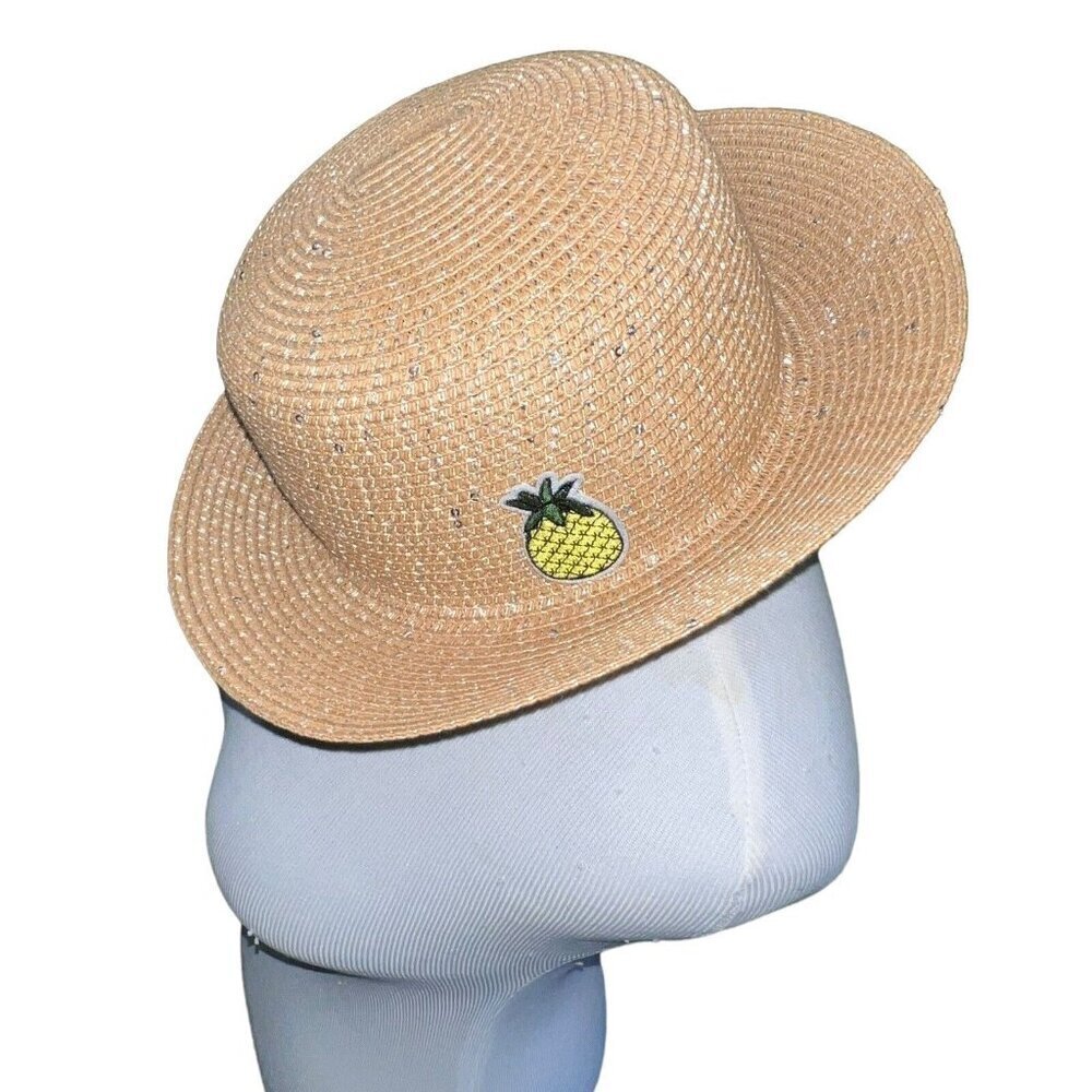 Women Tan Sun Hat Shimmer Pineapple Fedora One Size Wide Brim Beach Resort EUC